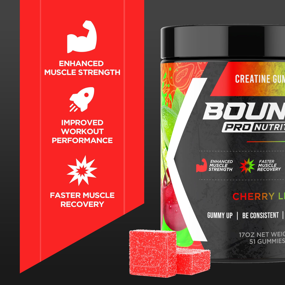 Bounce Pro Creatine Monohydrate Gummies Cherry Lime on a table