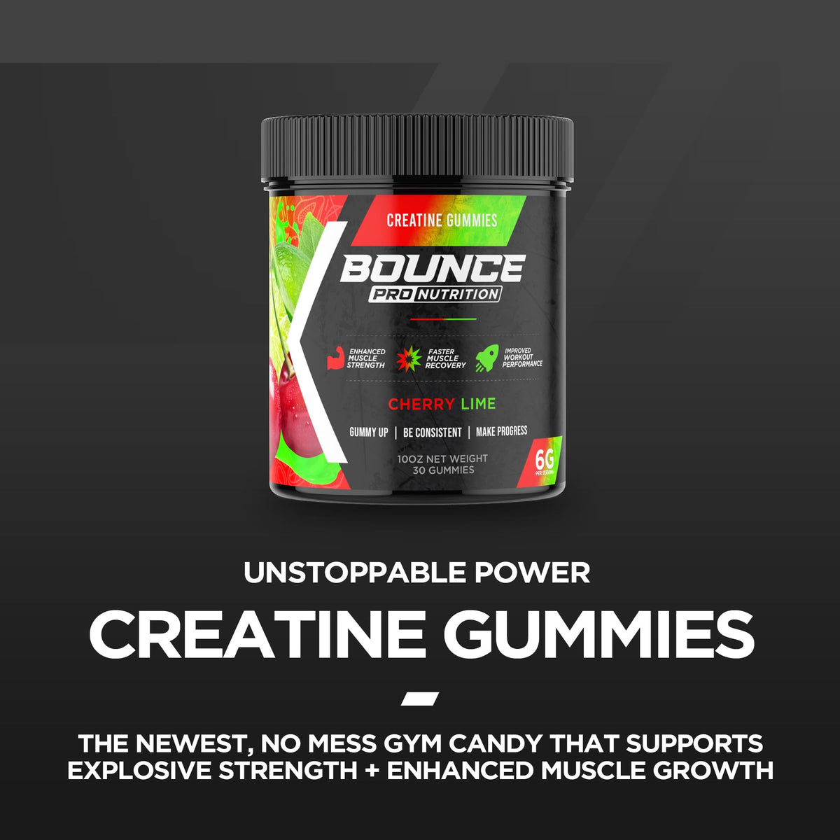Bounce Pro Creatine Monohydrate Gummies Cherry Lime with a workout setup