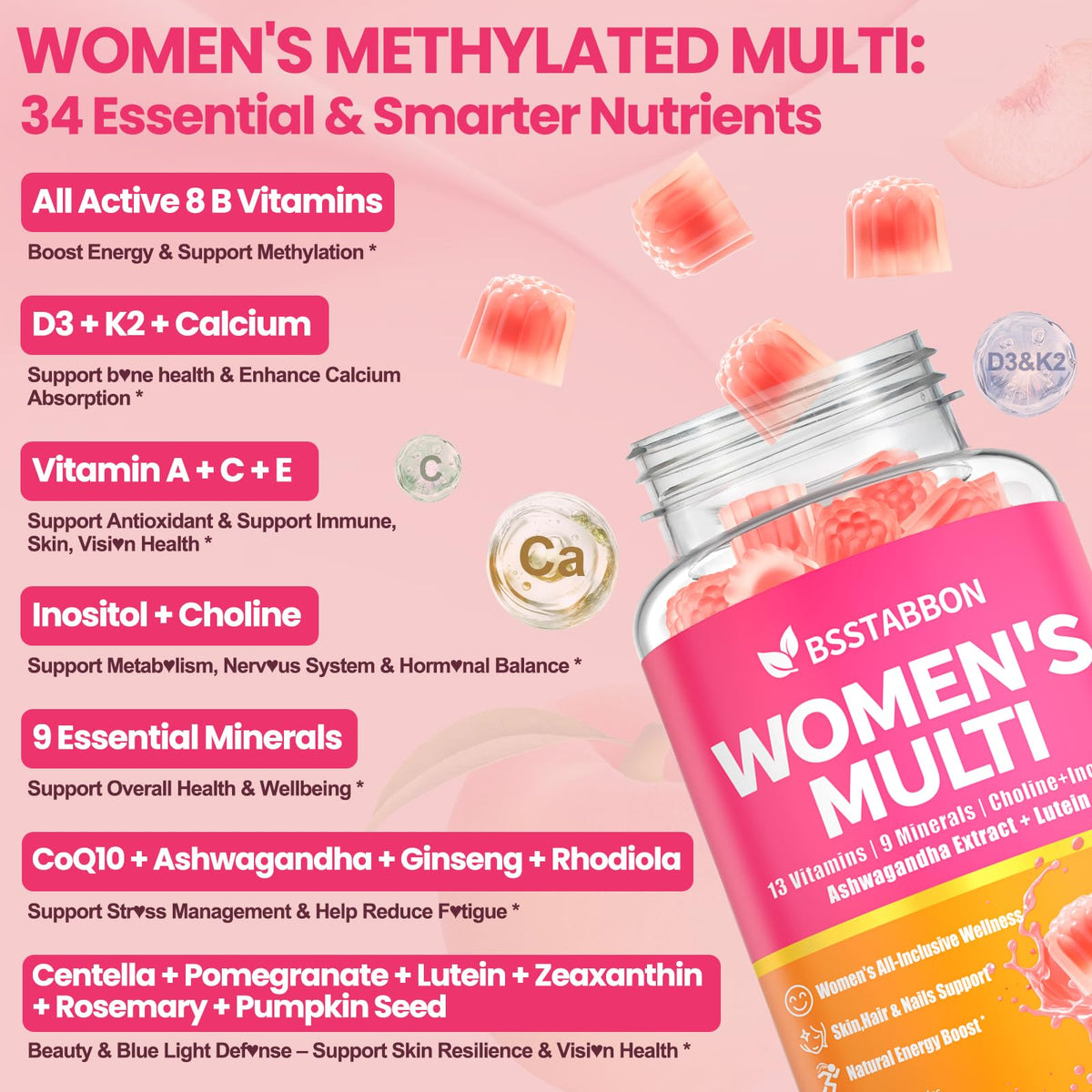 BSSTABBON Methylated Womens Multivitamin Gummy peach flavour