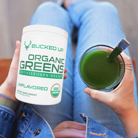 Bucked Up Greens Superfood Powder Unflavored on a kitchen counter