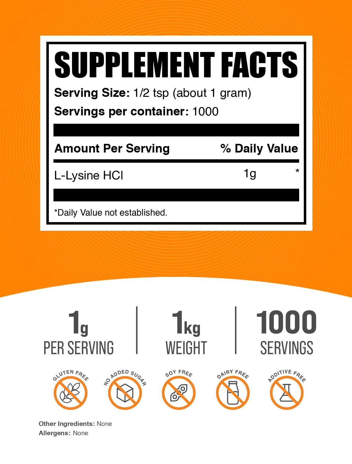 BulkSupplements L-Lysine Powder 1kg packaging details
