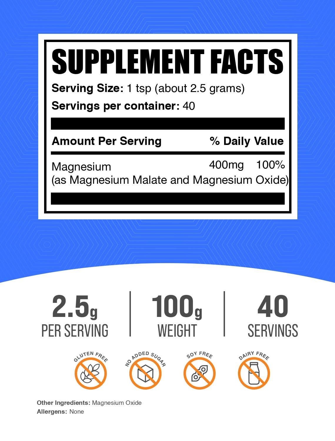 BulkSupplements Magnesium Malate Powder 100g side view with scoop