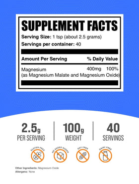 BulkSupplements Magnesium Malate Powder 100g side view with scoop
