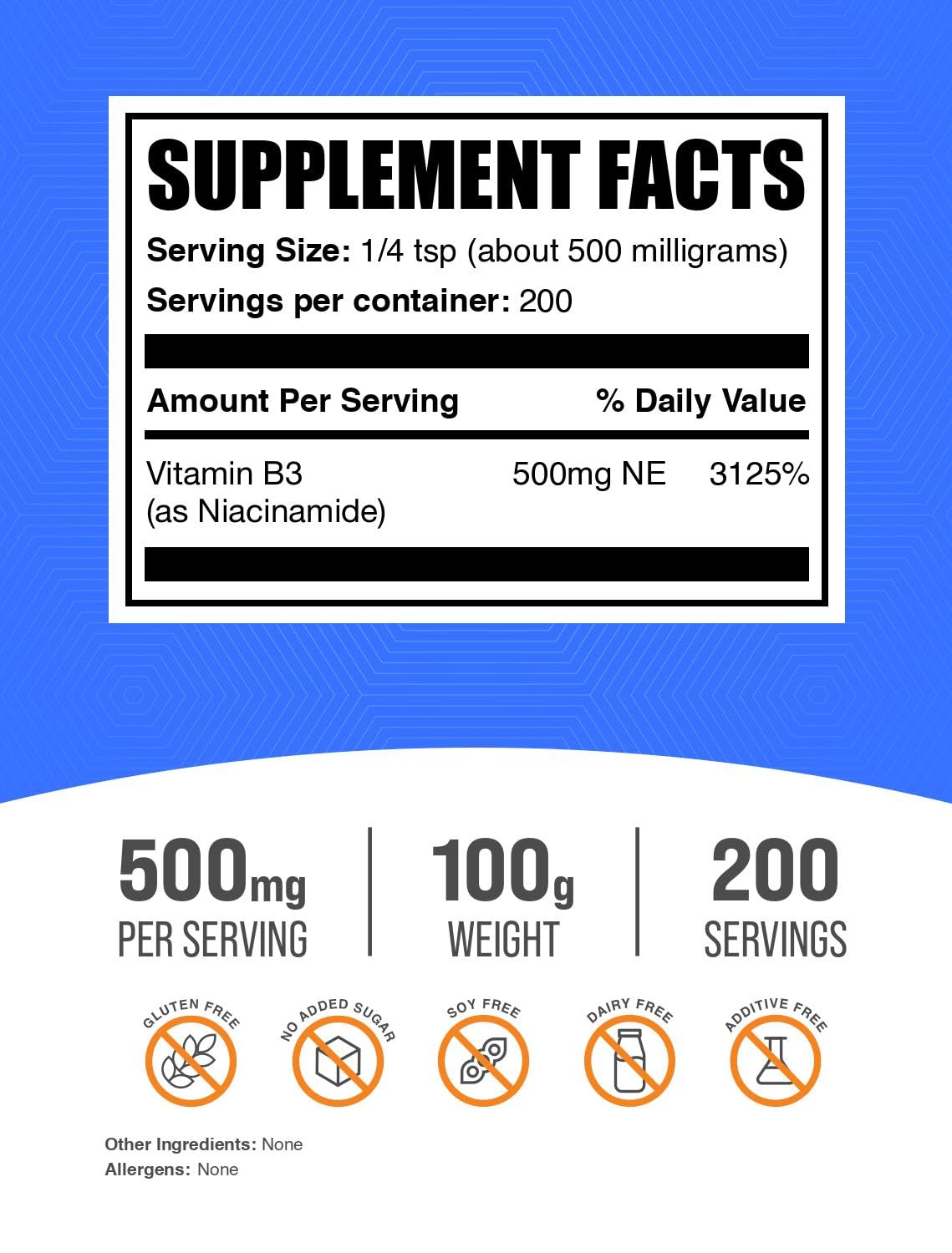 BulkSupplements Niacinamide Powder 500mg side view with scoop