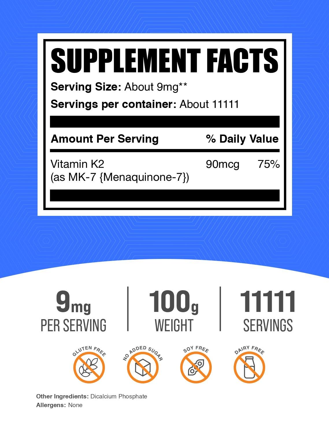 BulkSupplements Vitamin K2 MK7 Powder close-up of label