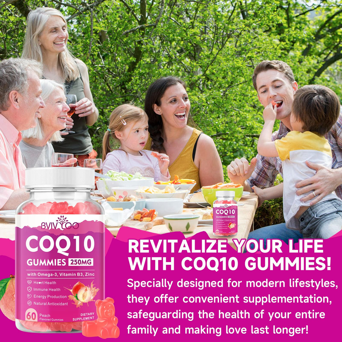 BVIVLOO CoQ10 Gummies 250mg with a glass of water