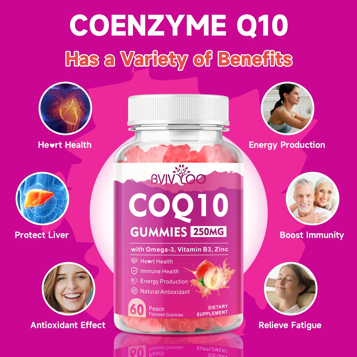 BVIVLOO CoQ10 Gummies with Omega-3 and Zinc on a wooden table
