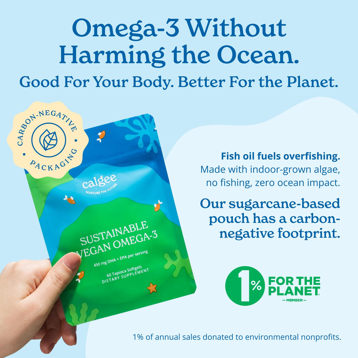 Calgee Algae Omega 3 Supplement softgel on a wooden table