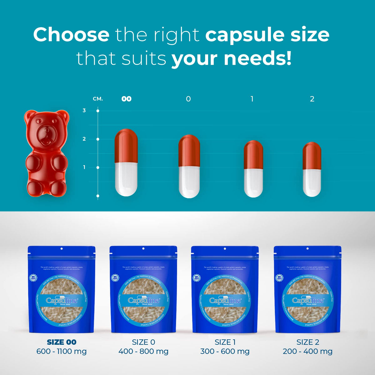 Capsuline Size 00 clear empty gelatin capsules side view