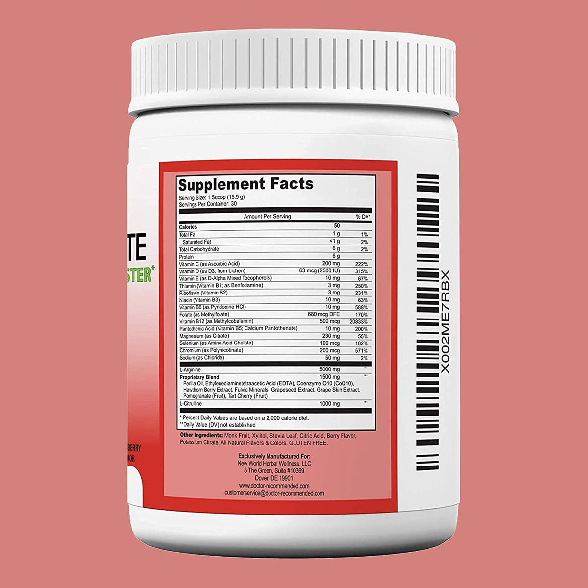 Cardio Complete Nitric Oxide support side view showing serving size