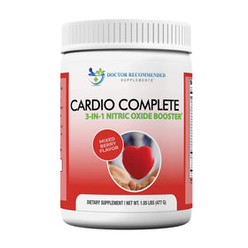 Cardio Complete Nitric Oxide support with a close-up of the berry flavour