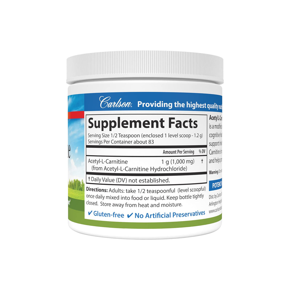 Carlson Acetyl L-Carnitine Powder 1 g back view