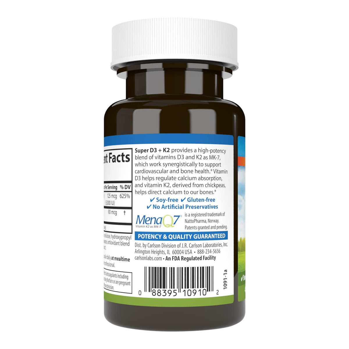 Carlson Super D3 + K2 125 mcg 45 Vegetarian Capsules bottle with label