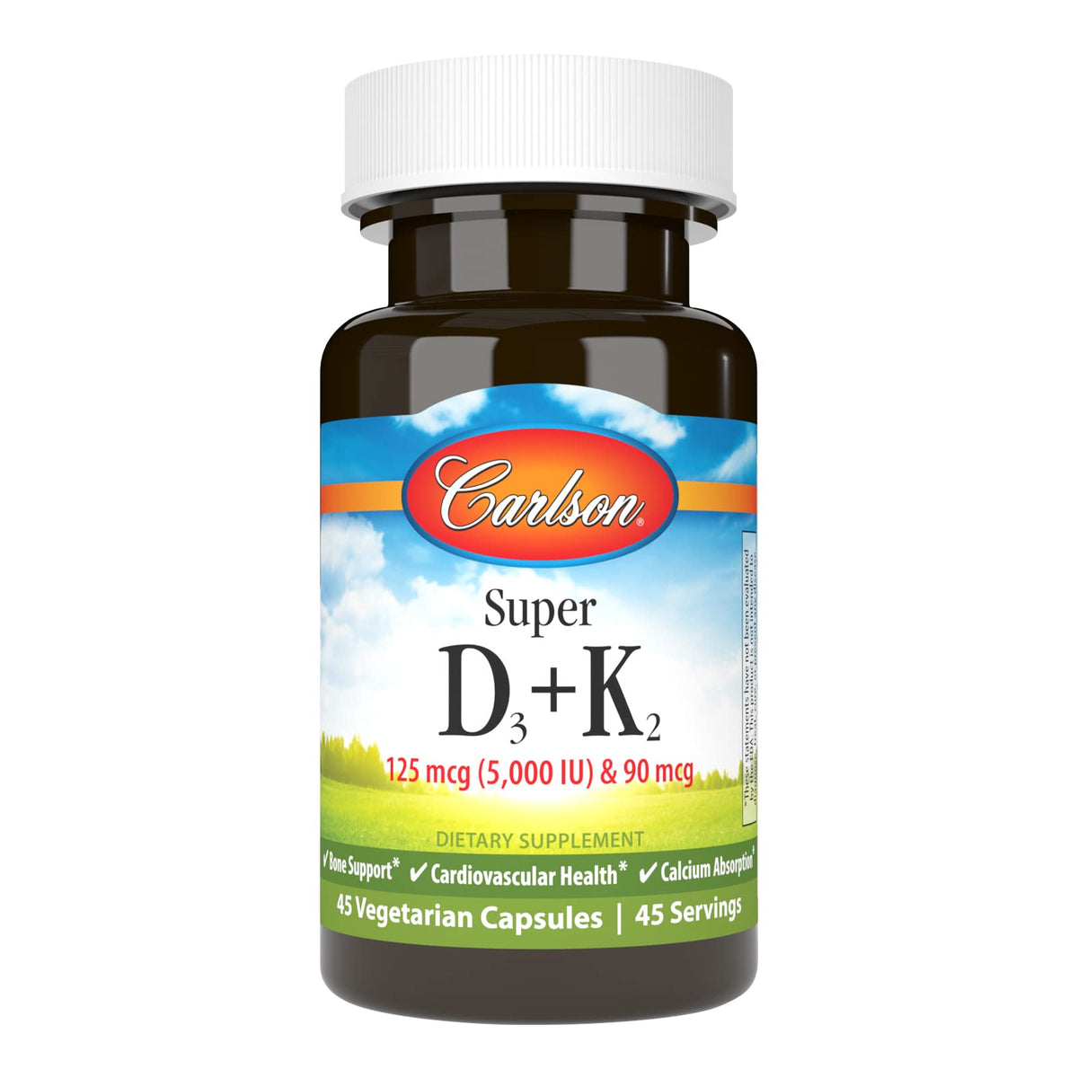 Carlson Super D3 + K2 125 mcg 45 Vegetarian Capsules front view