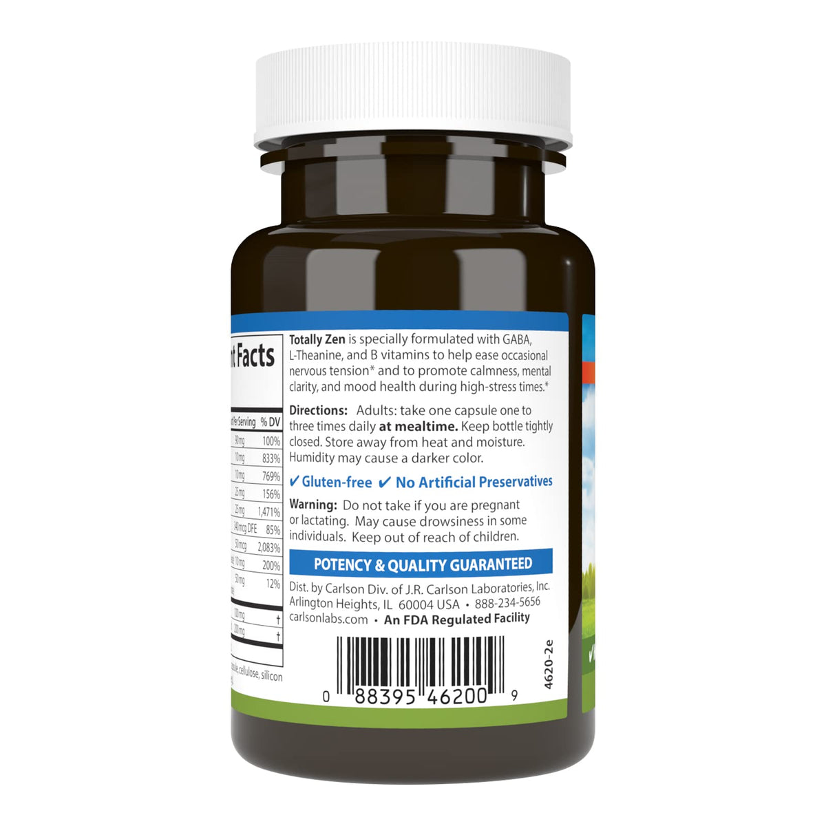 Carlson Totally Zen GABA L-Theanine 30 Capsules back view