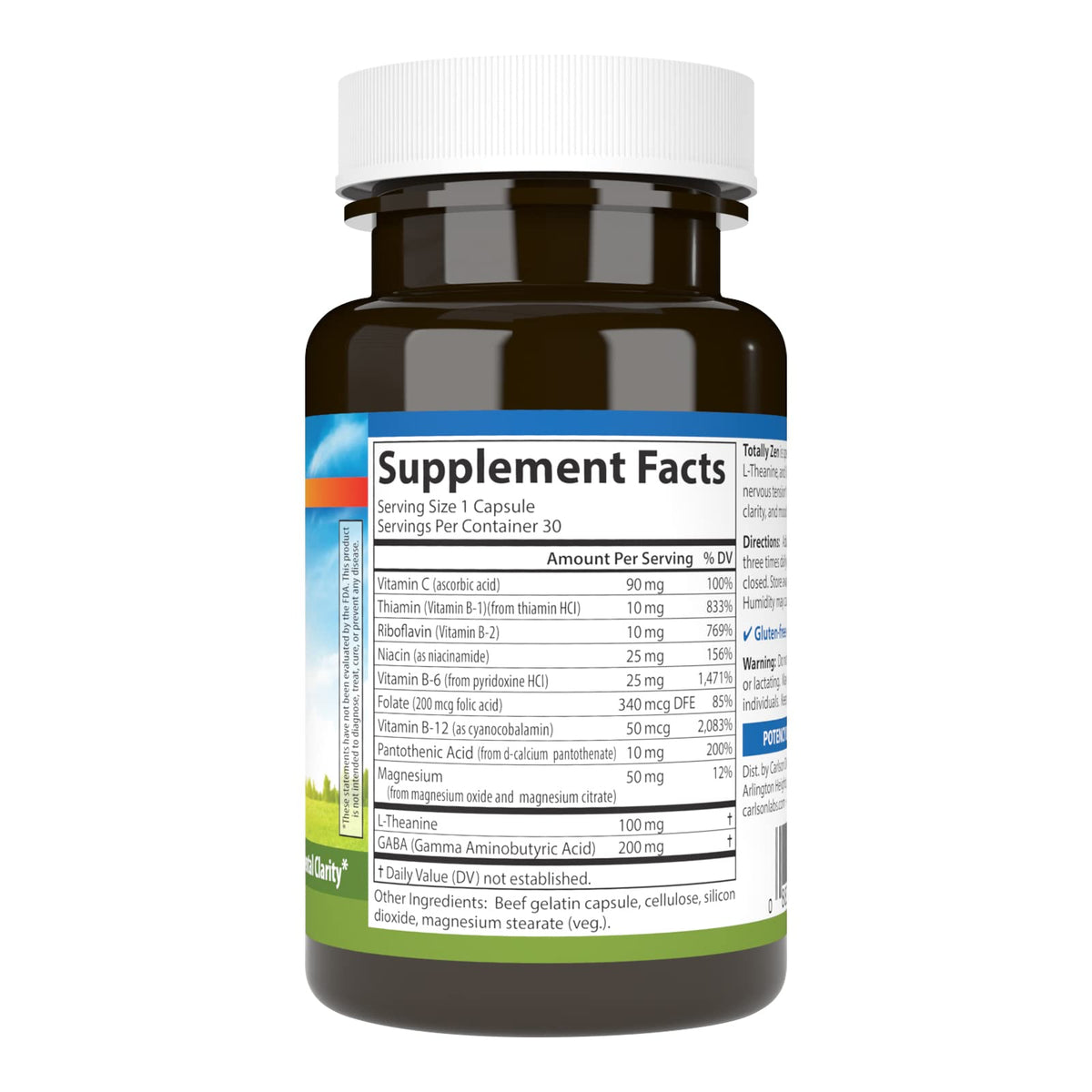 Carlson Totally Zen GABA L-Theanine 30 Capsules side view