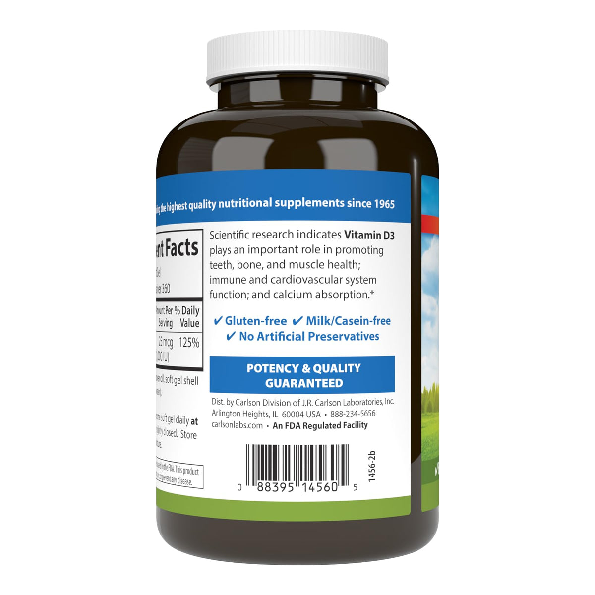 Carlson Vitamin D3 1000 IU softgels back view with nutritional information