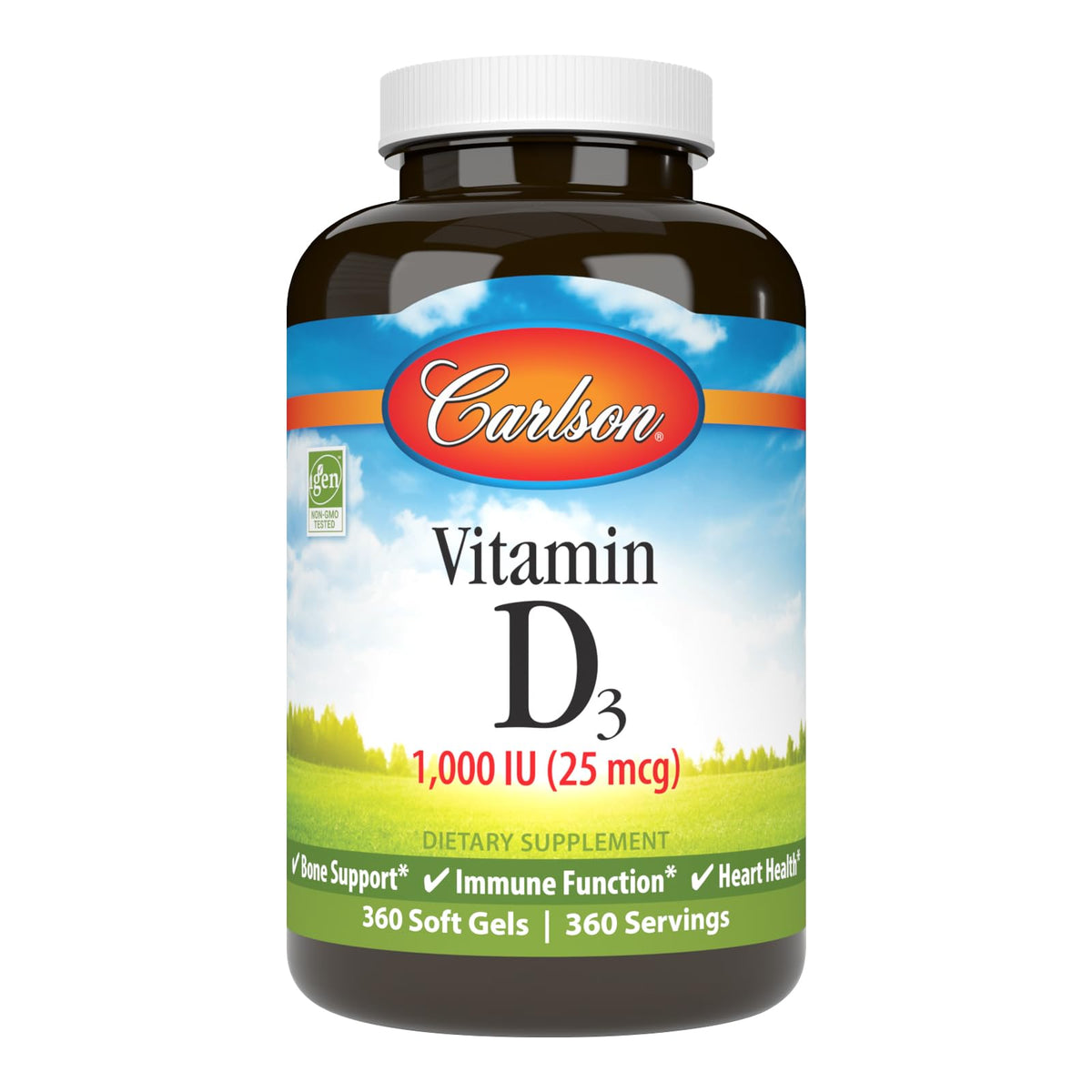 Carlson Vitamin D3 1000 IU softgels front view with packaging