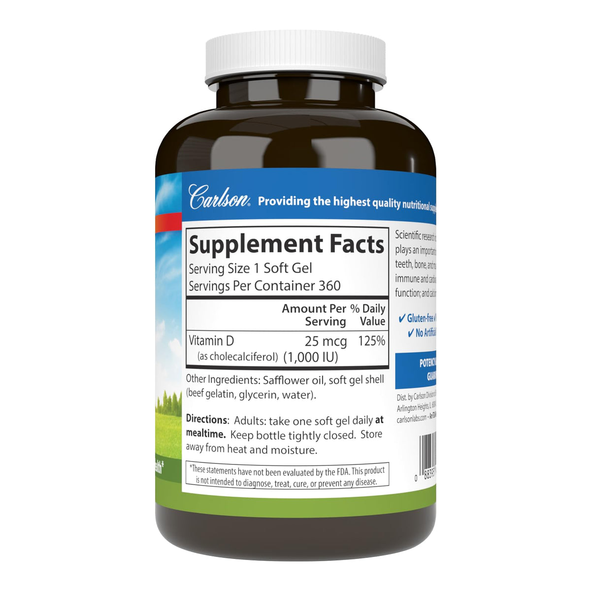 Carlson Vitamin D3 1000 IU softgels side view showing softgel size