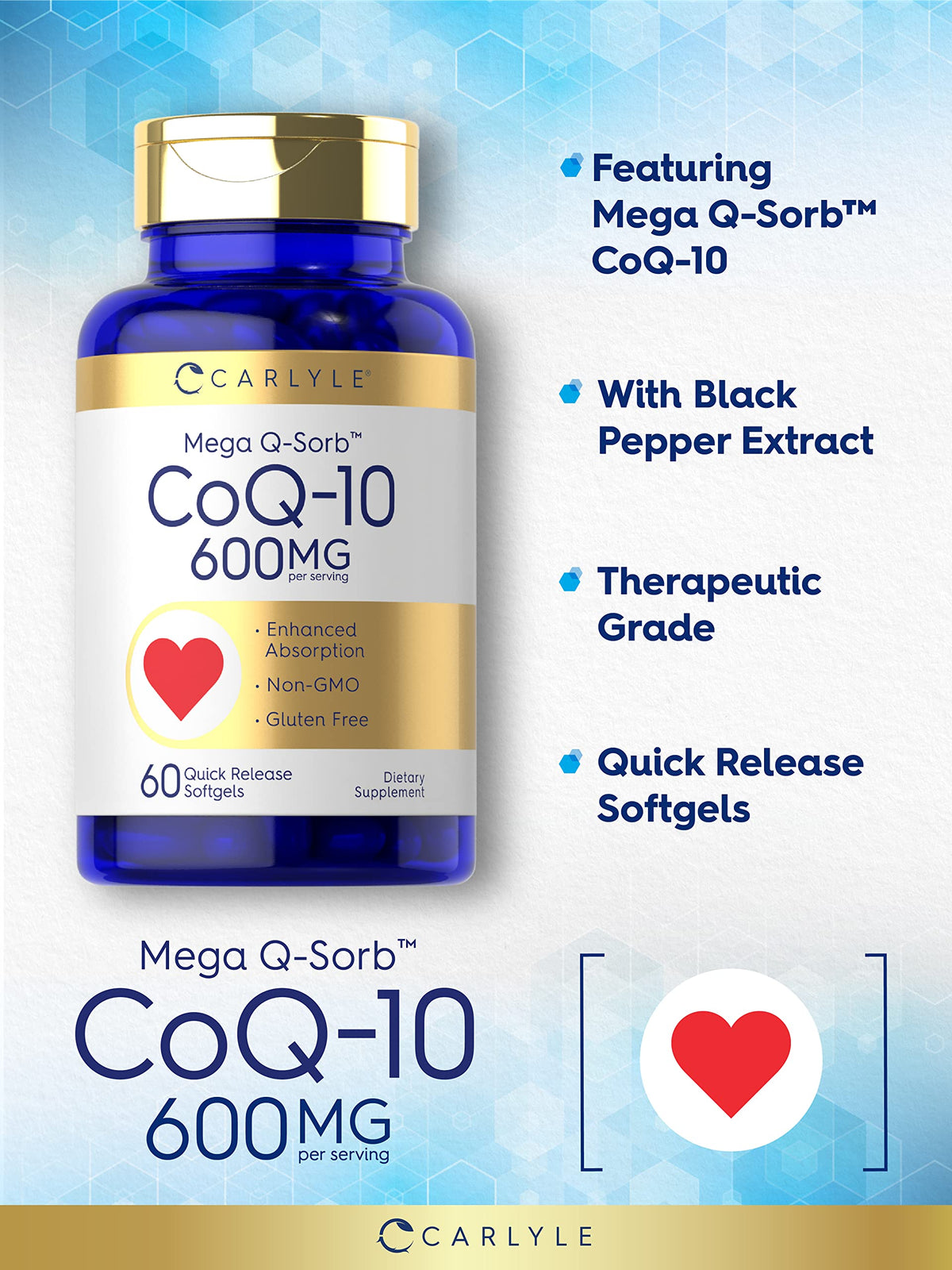 Carlyle CoQ10 600 mg Softgels back view with ingredient list