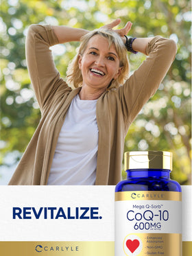Carlyle CoQ10 600 mg Softgels lifestyle scene on a kitchen counter