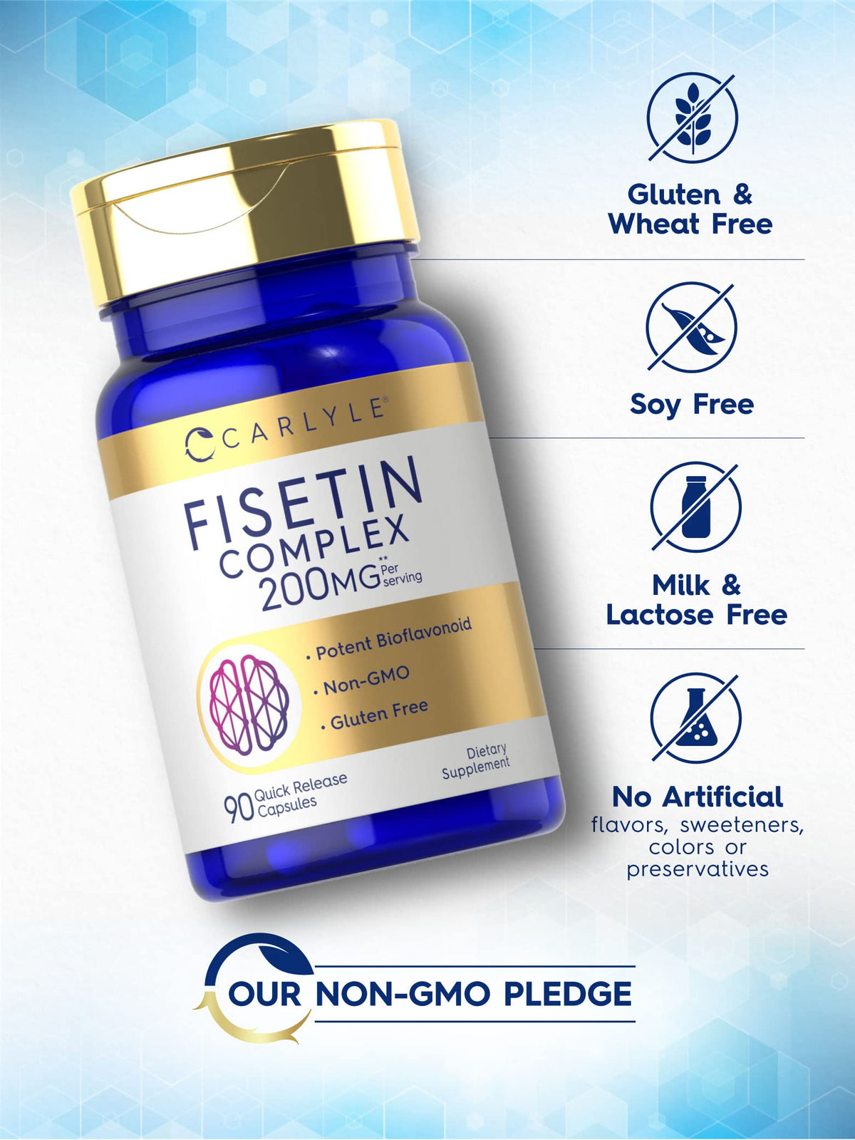 Carlyle Fisetin Complex Supplement capsules on a wooden surface