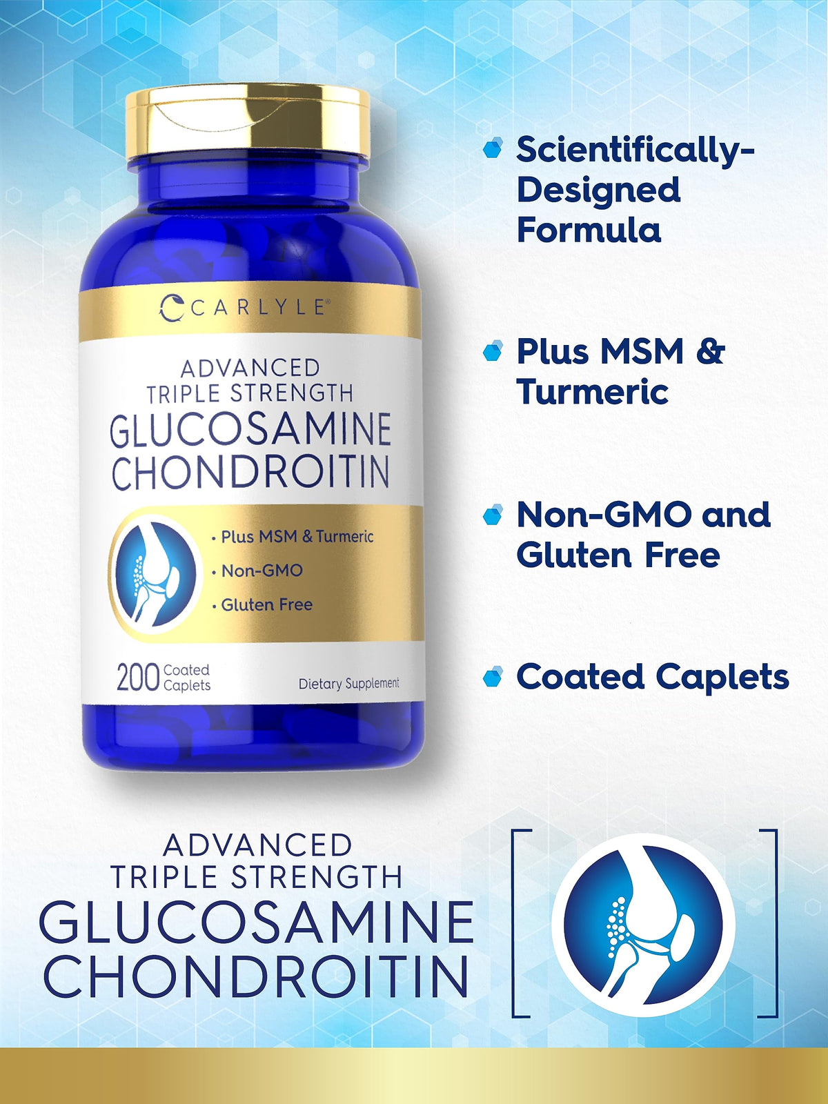 Carlyle Glucosamine Chondroitin MSM Turmeric bottle with caplets