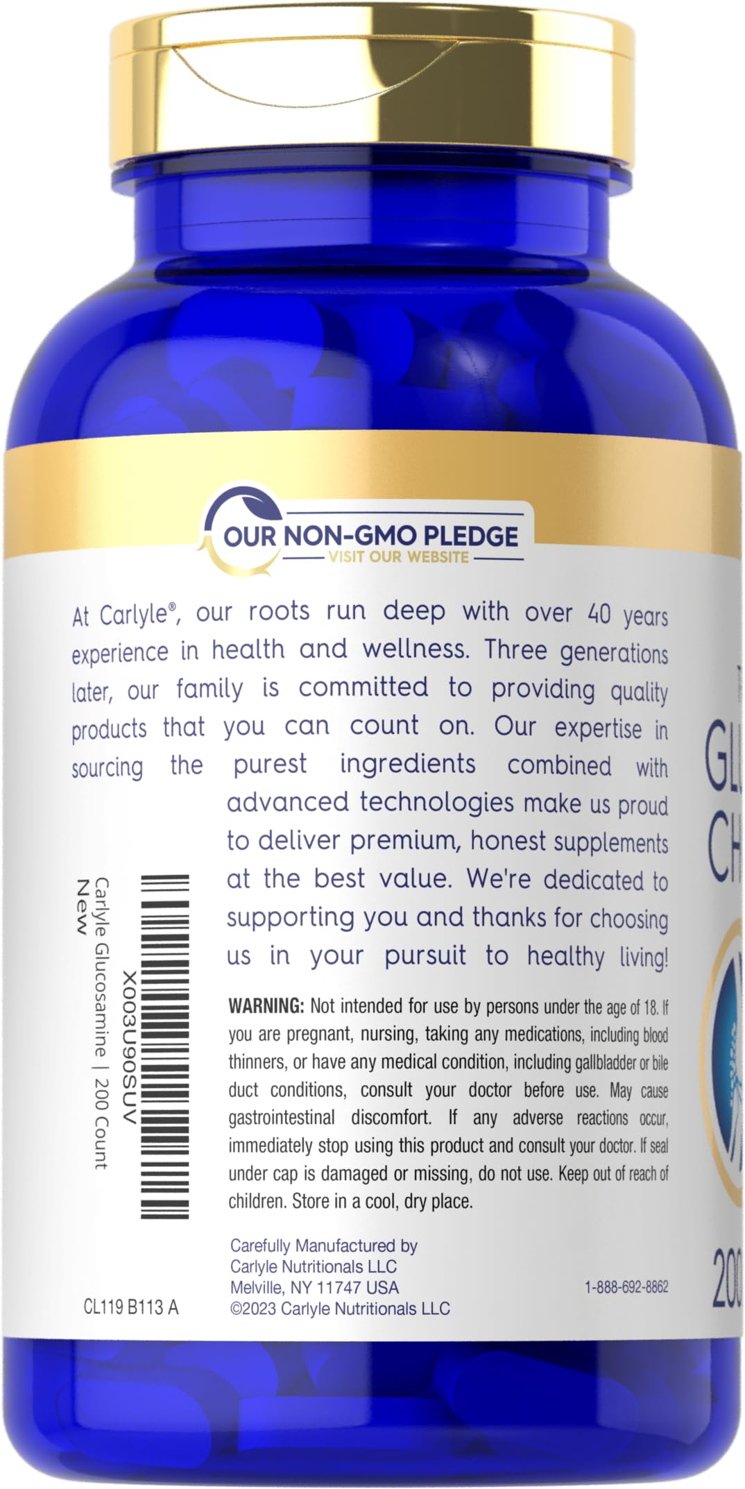 Carlyle Glucosamine Chondroitin MSM Turmeric caplets in a hand