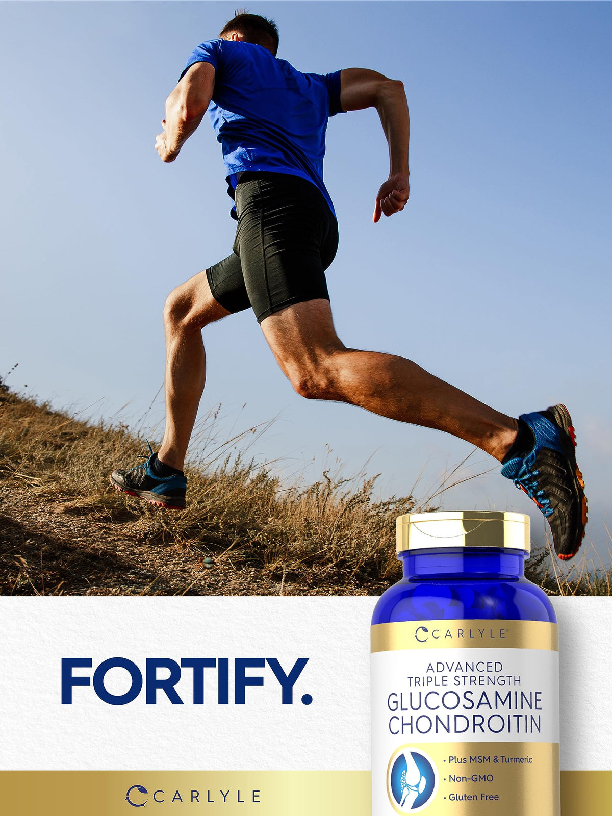 Carlyle Glucosamine Chondroitin MSM Turmeric caplets on a wooden table