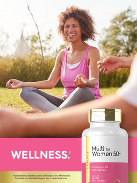 Carlyle Multivitamin for Women 50+ tablets on a wooden table