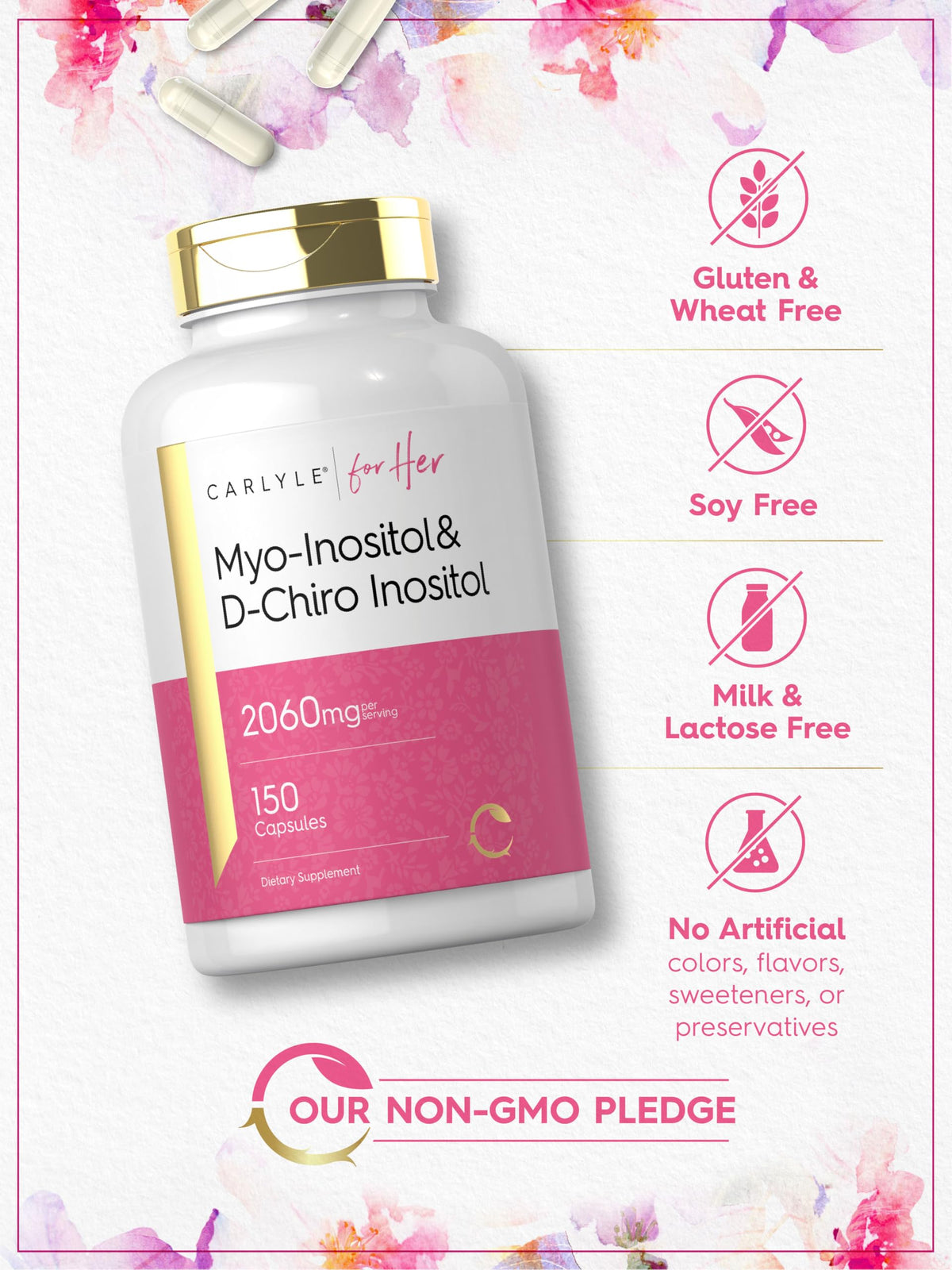 Carlyle Myo-Inositol & D-Chiro Inositol Supplement capsules on a table