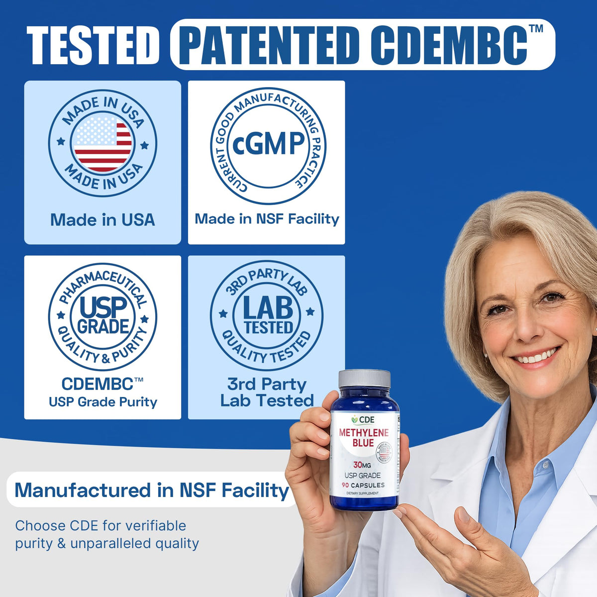 CDE Methylene Blue Capsules 30mg bottle with dosage