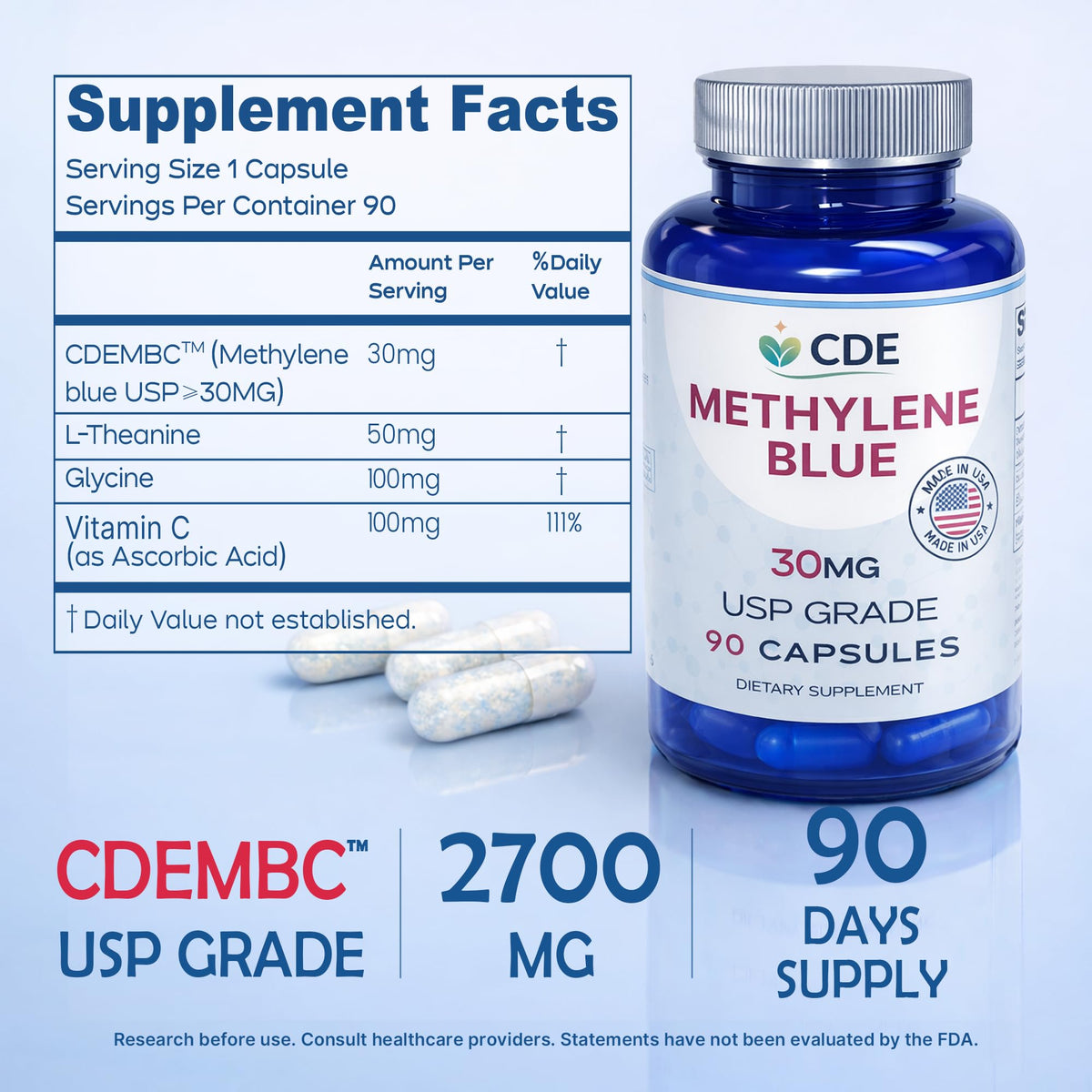 CDE Methylene Blue Capsules 30mg on a wooden table