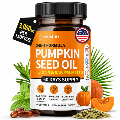 Celestrie 3-in-1 Pumpkin Seed Oil with Saw Palmetto Capsules front view