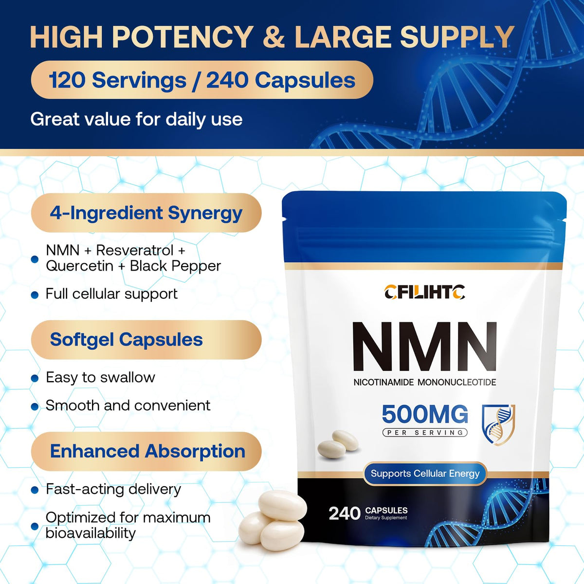CFILIHTC NMN Supplement 500mg bottle with label