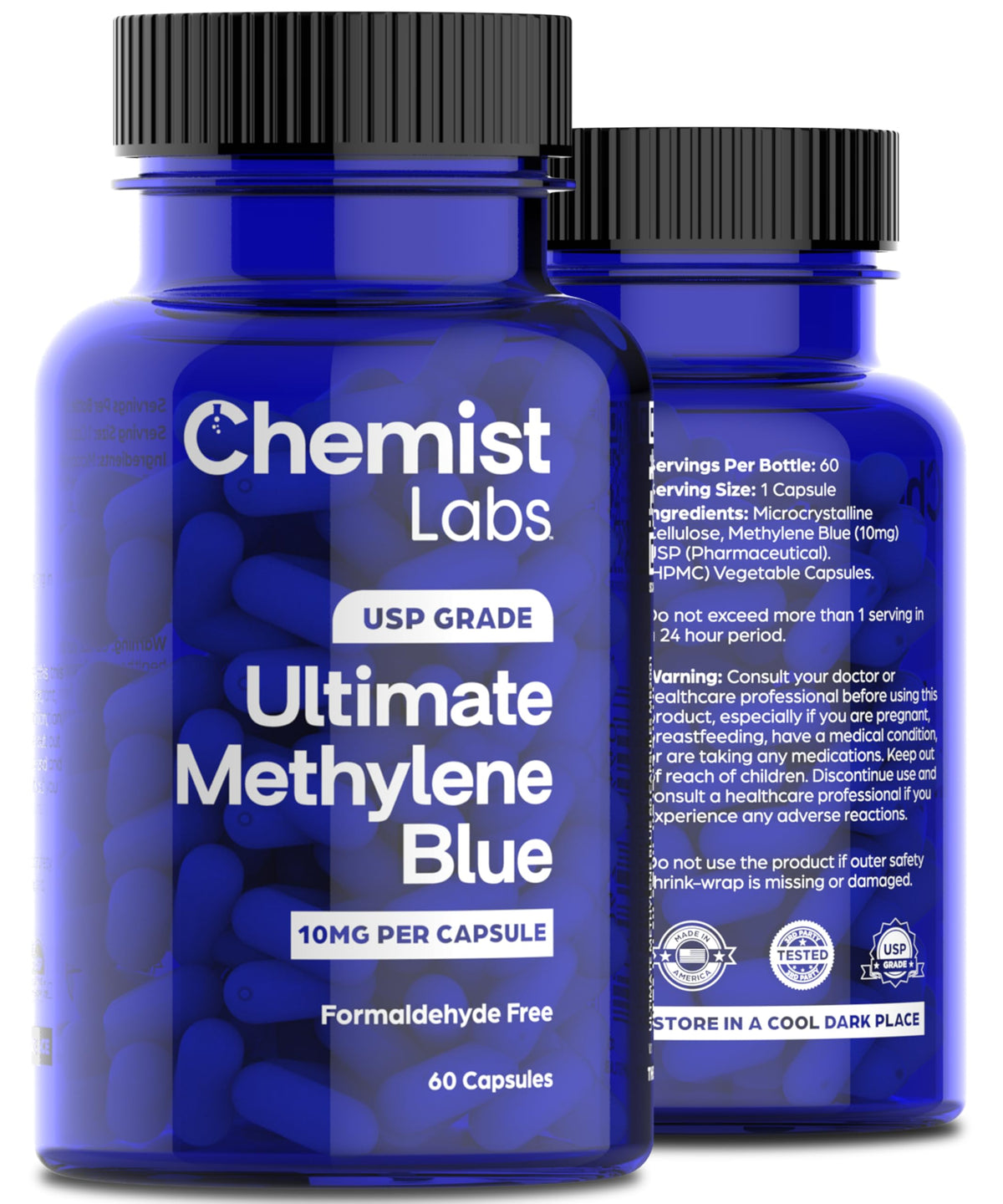 Chemist Labs Methylene Blue Capsules displayed with a measuring spoon