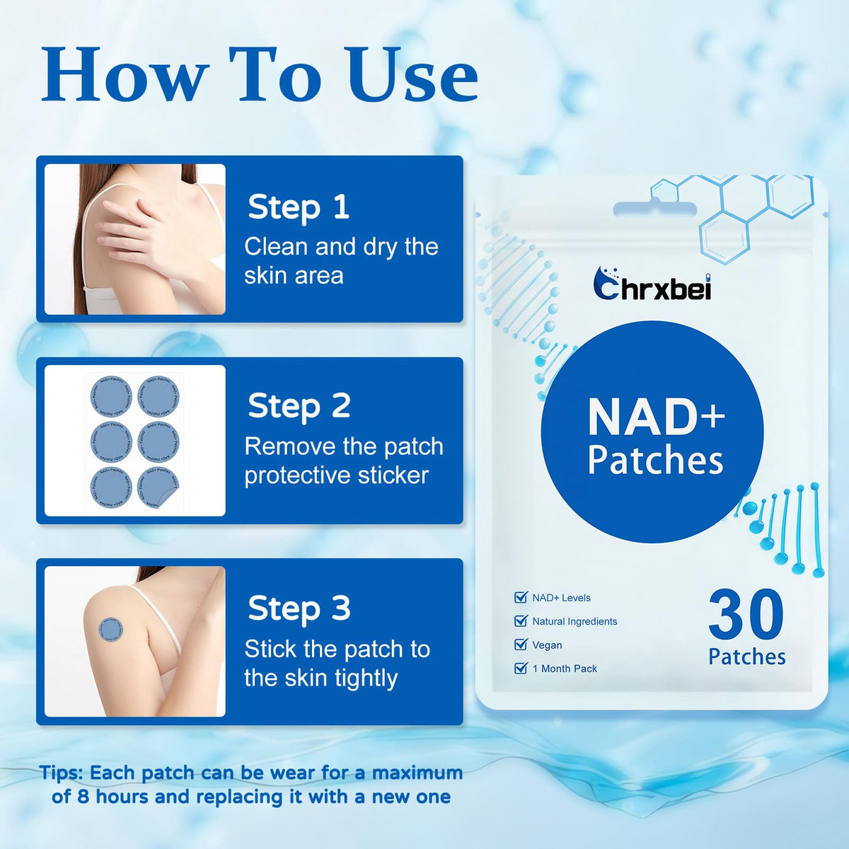 Chrxbei NAD+ Patches in a travel-friendly setting