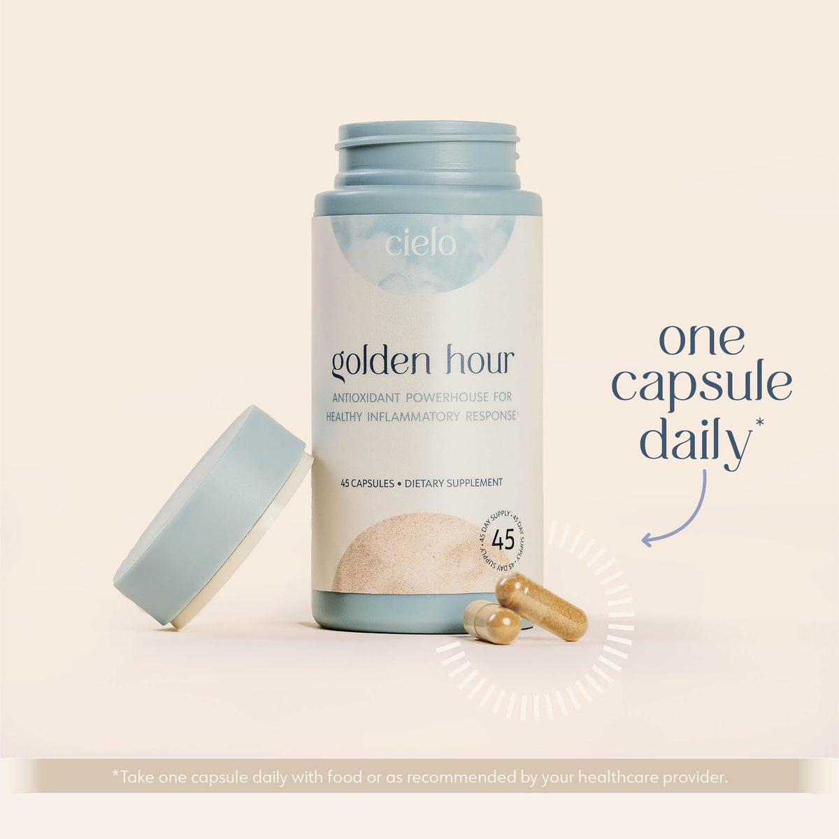 Cielo Golden Hour Antioxidant Supplement bottle with a measuring spoon