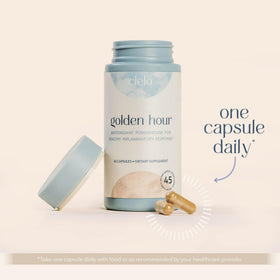Cielo Golden Hour Antioxidant Supplement bottle with a measuring spoon