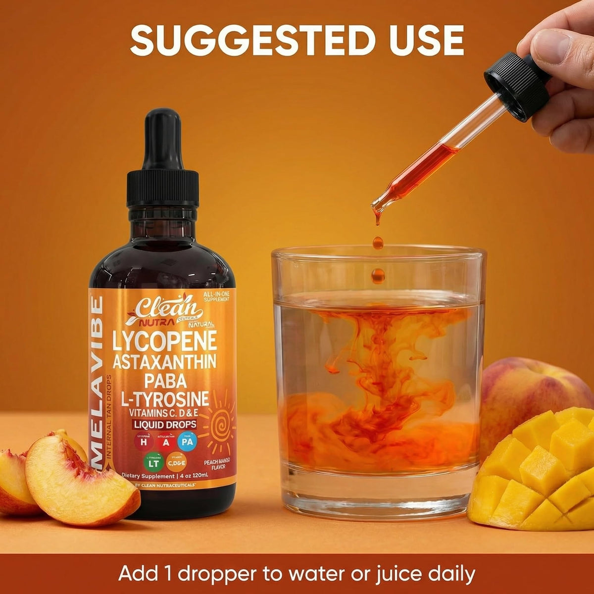 Clean Nutraceuticals MelaVibe drops on a kitchen counter