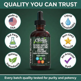 Clean Nutraceuticals ThyroBloom Liquid Drops displayed with fresh ingredients