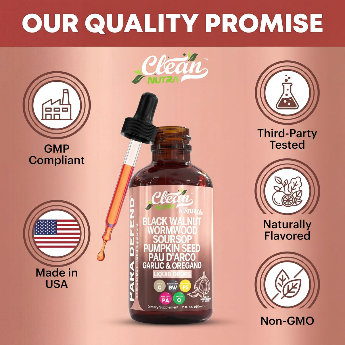 Clean Nutraceuticals Wormwood Black Walnut Complex Drops with measuring spoon