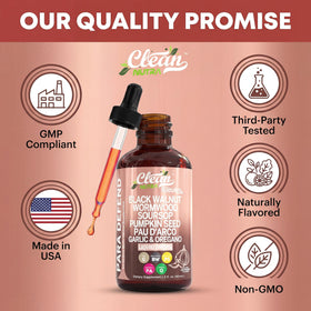 Clean Nutraceuticals Wormwood Black Walnut Complex Drops with measuring spoon