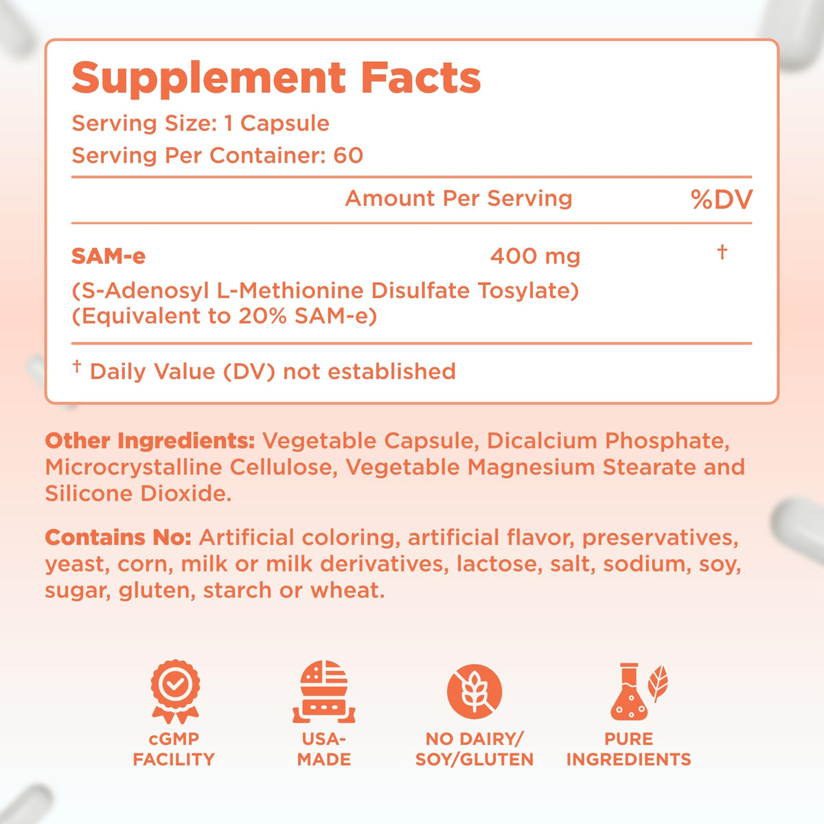 Clear Formulas Bioactive SAM-e 400mg supplement capsules close-up