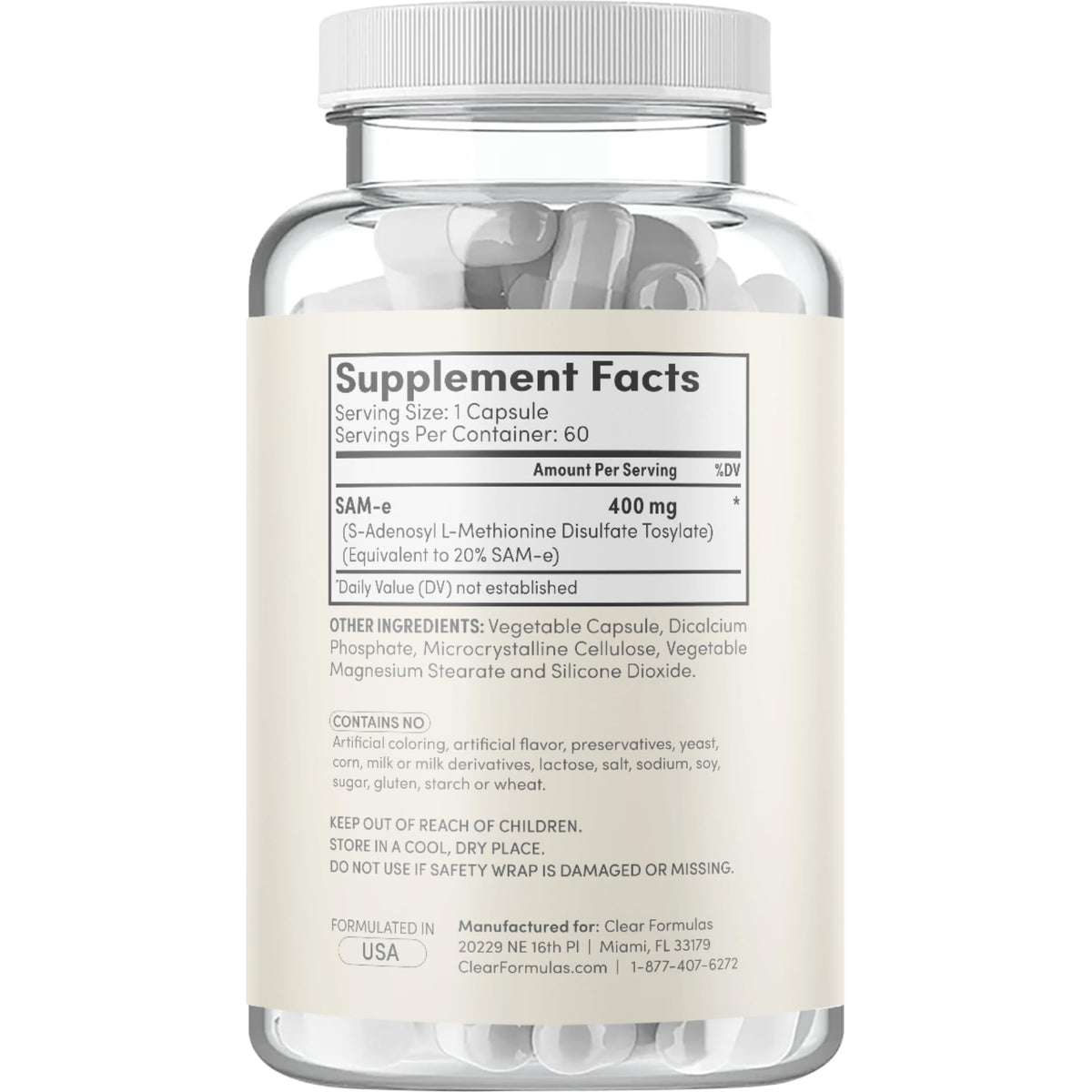 Clear Formulas Bioactive SAM-e 400mg supplement packaging details