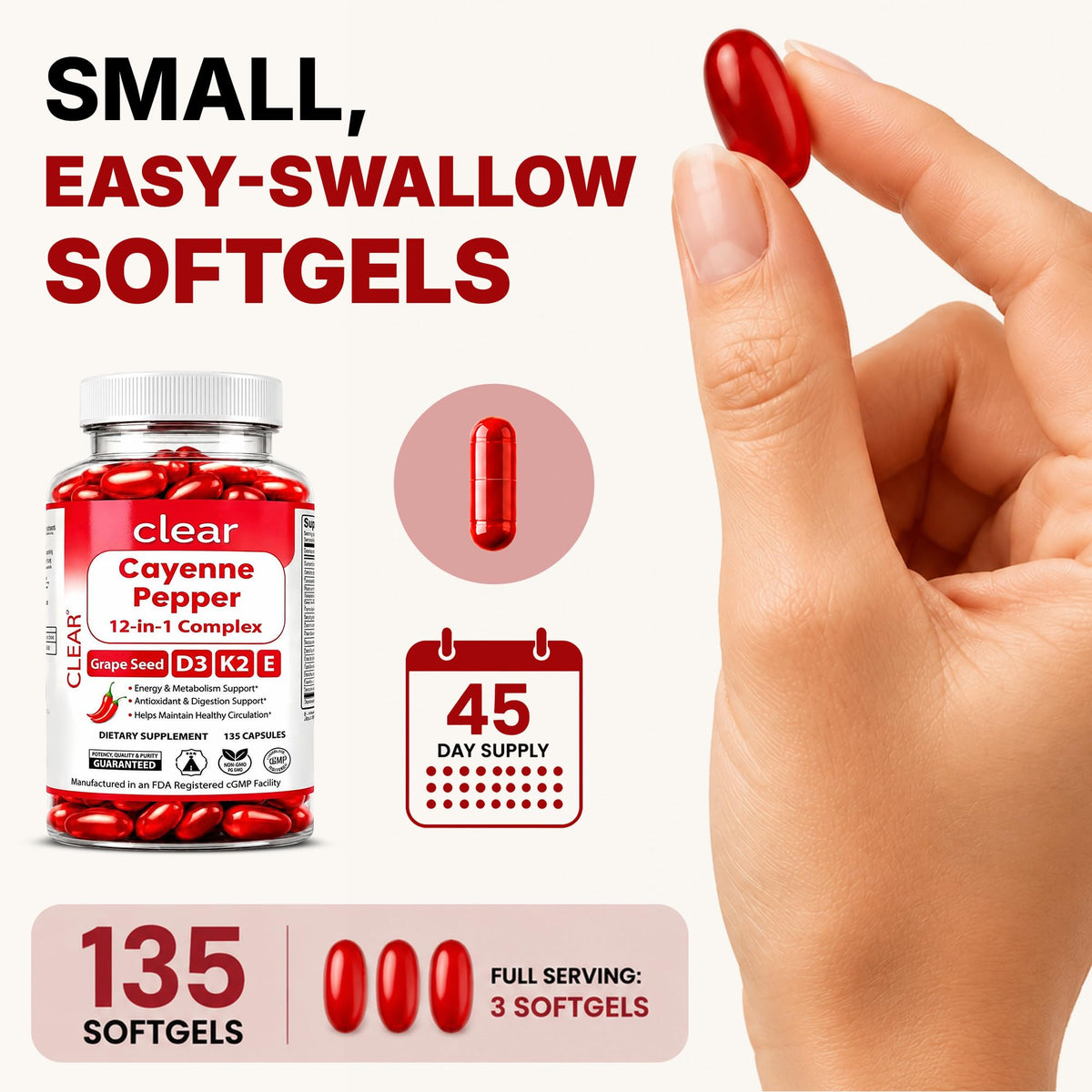 Clear Probiotics Cayenne Pepper Softgels 300mg with measuring spoon