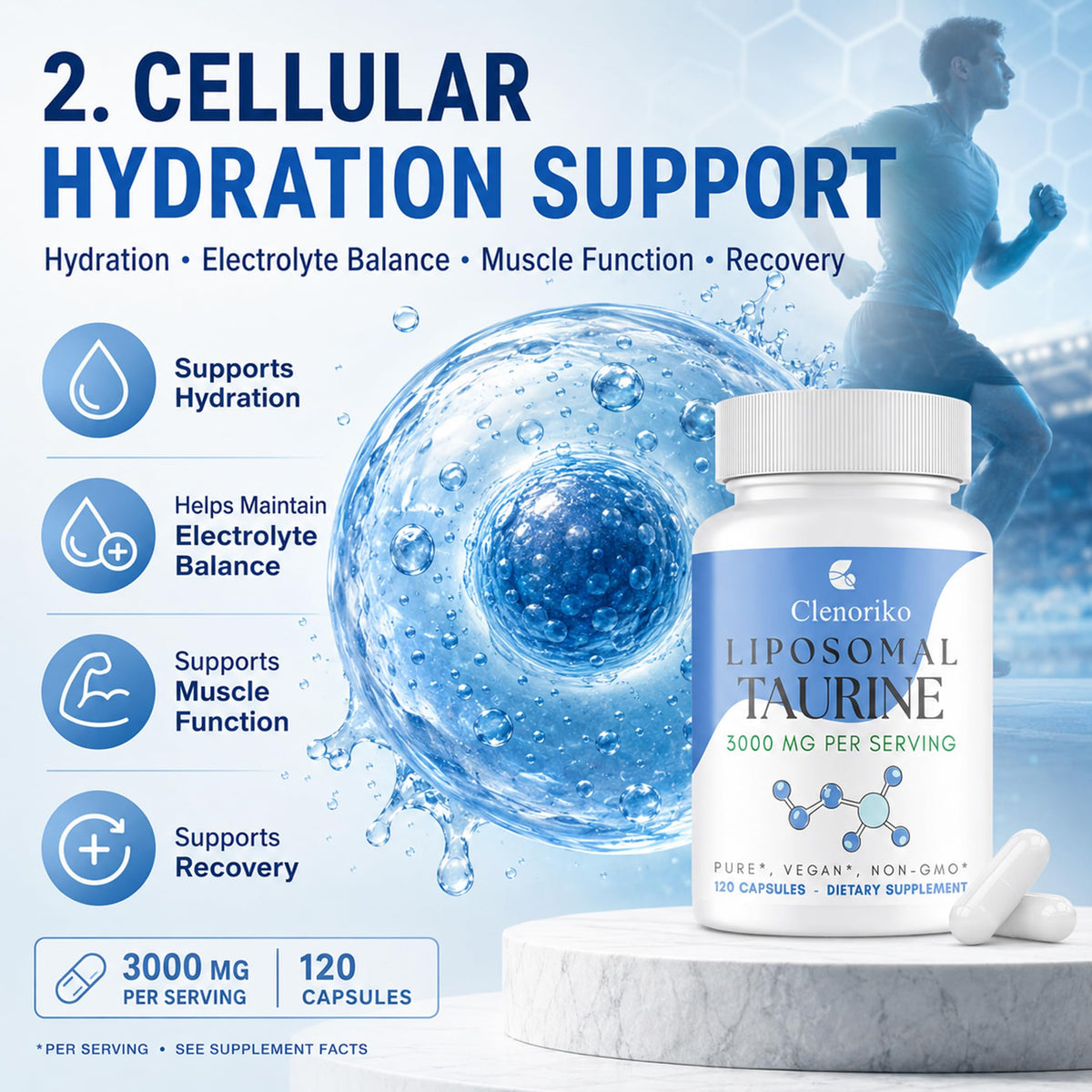Clenoriko Liposomal Taurine Supplement 3000mg capsules in hand