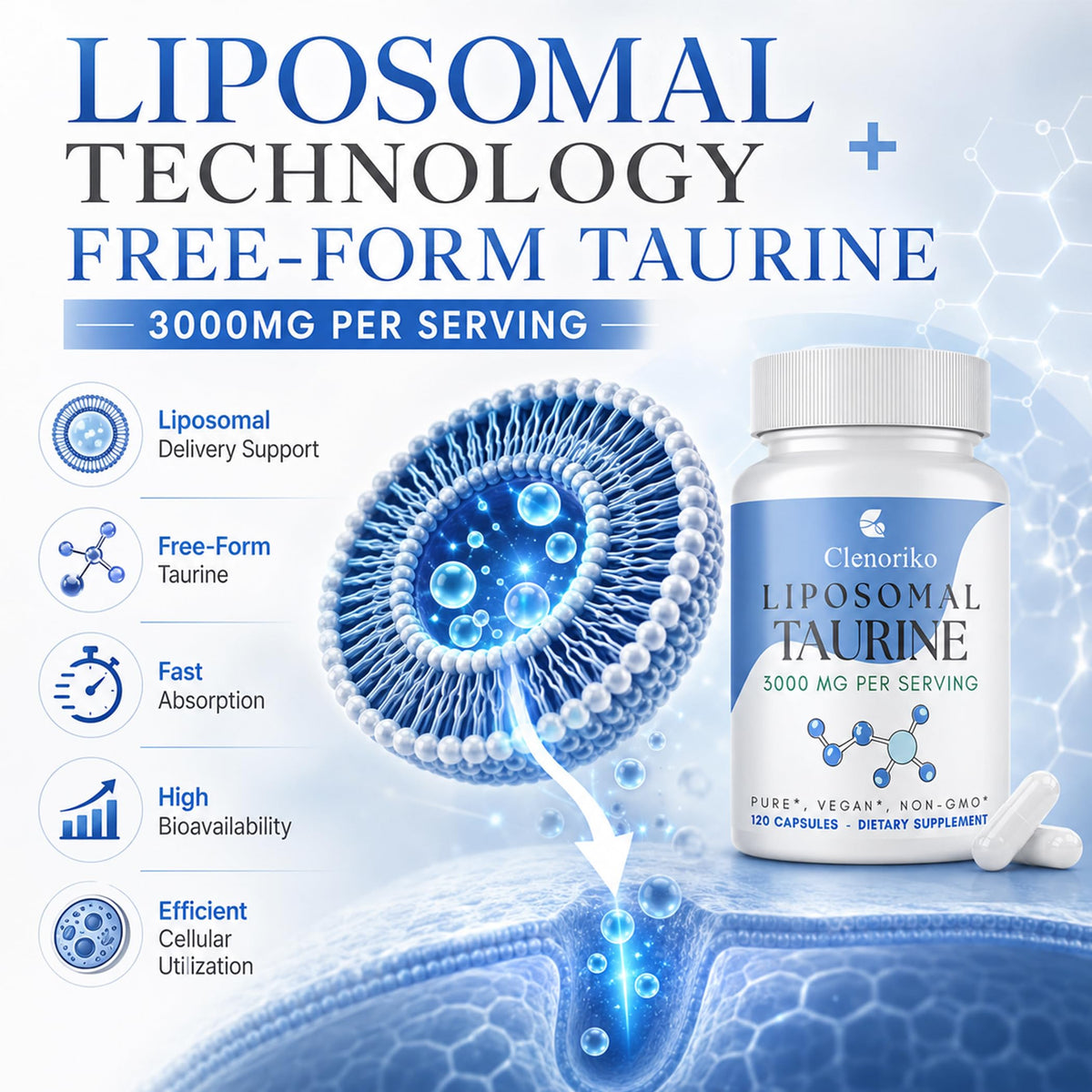 Clenoriko Liposomal Taurine Supplement 3000mg capsules on table