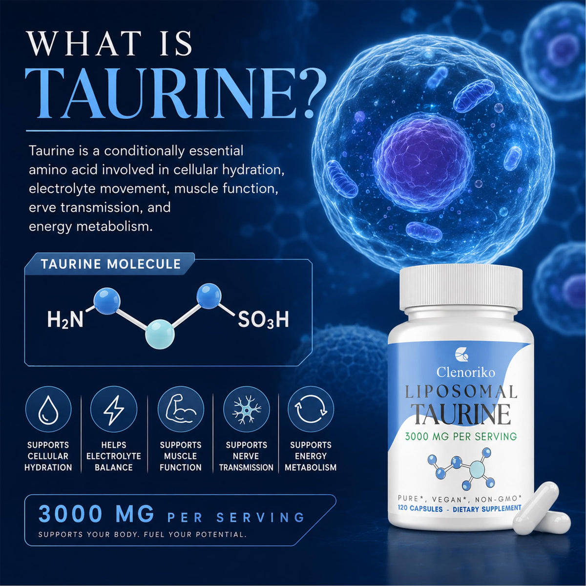 Clenoriko Liposomal Taurine Supplement 3000mg nutrition facts