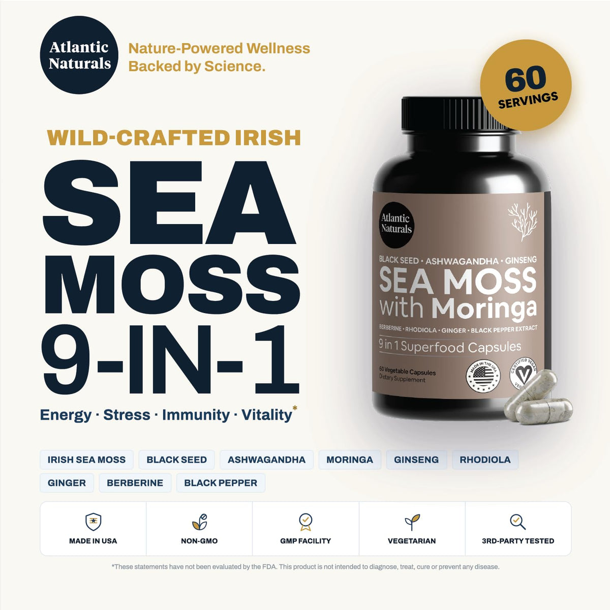 Close-up of Atlantic Naturals Sea Moss Capsules showing the capsules